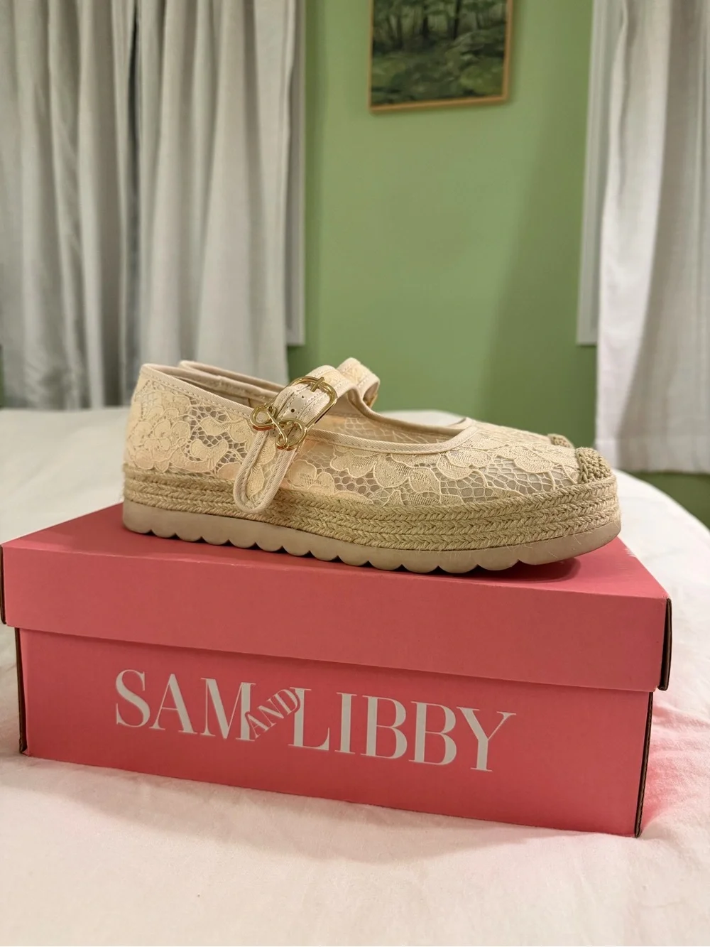 Sam & Libby Cream Lace Mary Jane Espadrille Flats with Gold Buckle